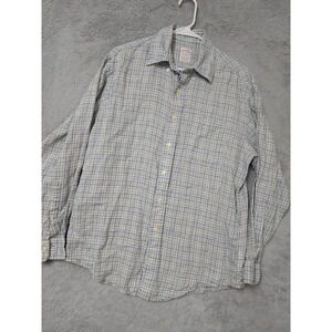Brooks Brothers Shirt Mens Medium Irish Linen Blue Plaid Button Down Casual M